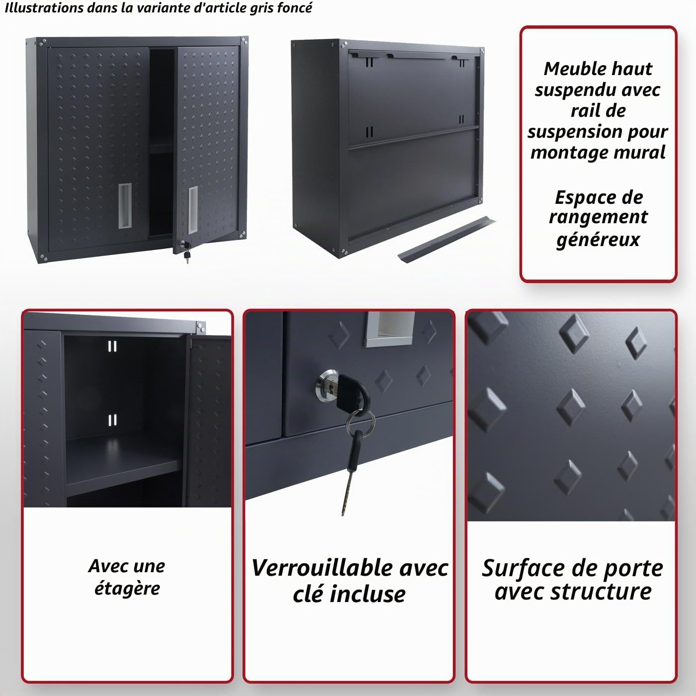 Armoire suspendue HWC-O52, armoire murale, armoire de rangement, bibliothèque, verrouillable, acier, 77 x 77 x 31 cm - gris foncé