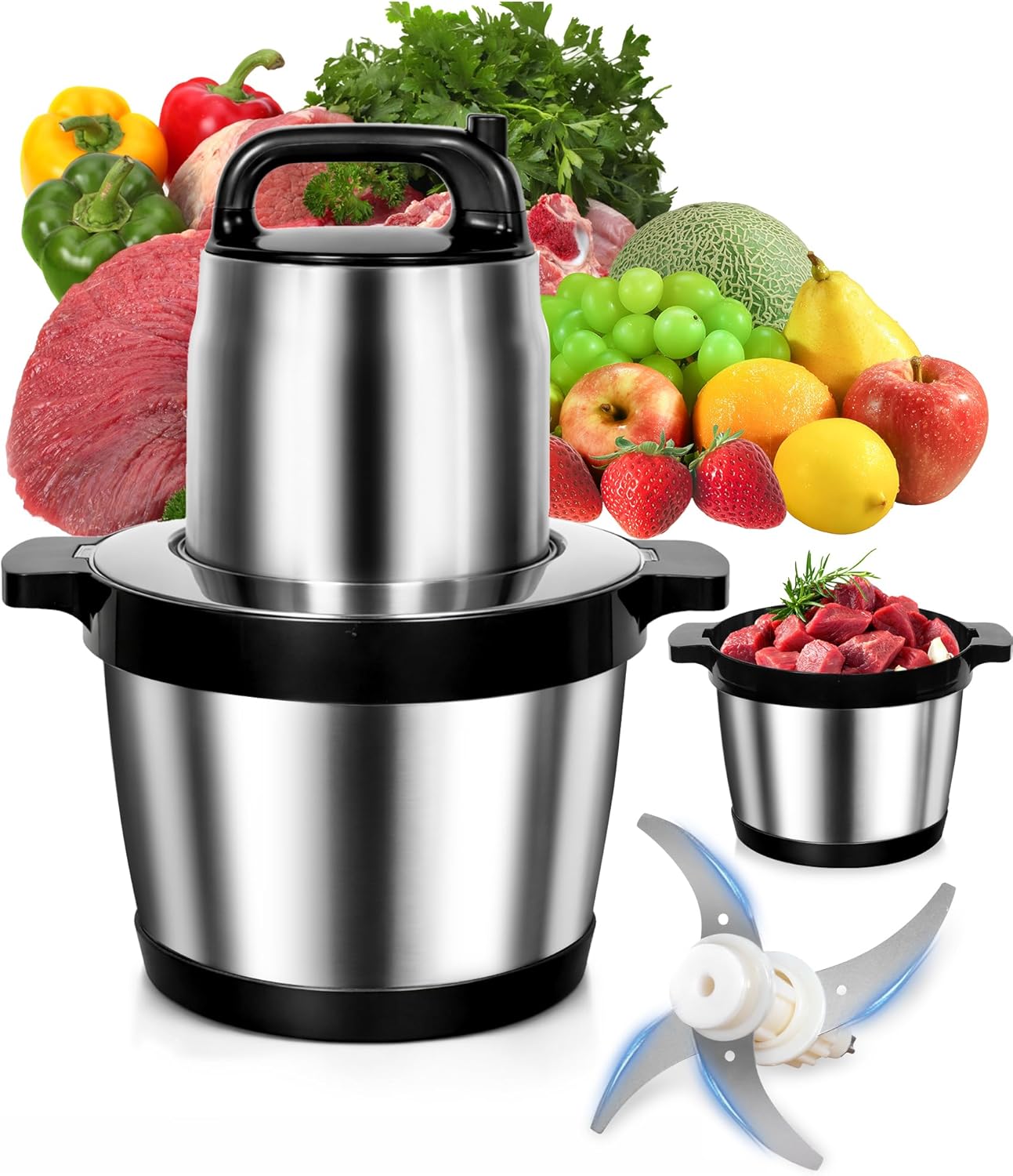 Electric Meat Grinder & Food Processor, 1200W Heavy-Duty 6L Large Capacity Stainless Steel Kitchen Chopper Mincer with 2 Speeds & 4 Blades for Grinding Meat, Game, Vegetables & Food Prep