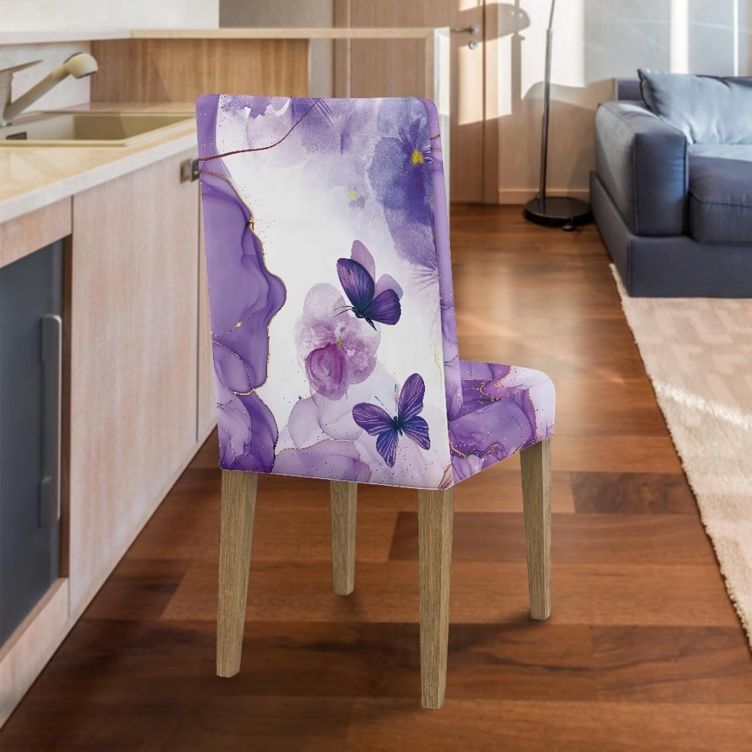 Talayituse Purple Butterfly Marble Print Waterproof Chair Covers for Dining Room, Removable Dining Chair Covers Protectors Stretch Kitchen Parson Chair Slipcovers, Set of 6