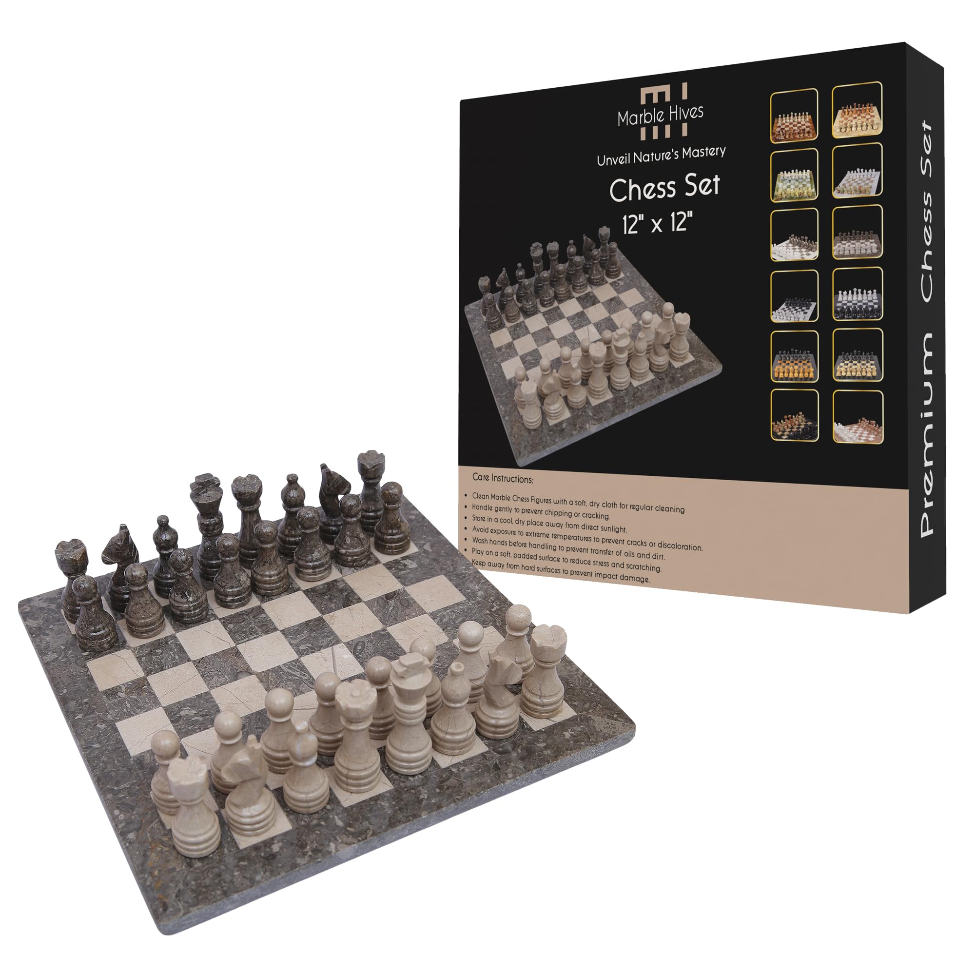 Premium Marble Chess Set for Adults – Luxury Home Decor Board Game | Handcrafted Marble Chess Board & Pieces | Family Table Décor 12 Inch Oceanic Grey and Verona