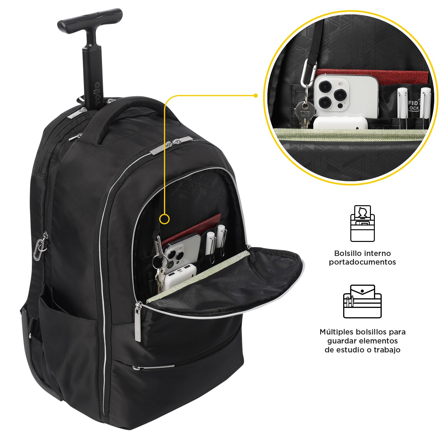 TOTTO - Mochila de Viaje con Ruedas, Modelo Trolley, Capacidad 22 L, Compartimento Pc 15”, Bolsillo para Botella, Bolsillo Interno Cremallera, Manija Telescópica, Pasador para Maleta, Color Negro