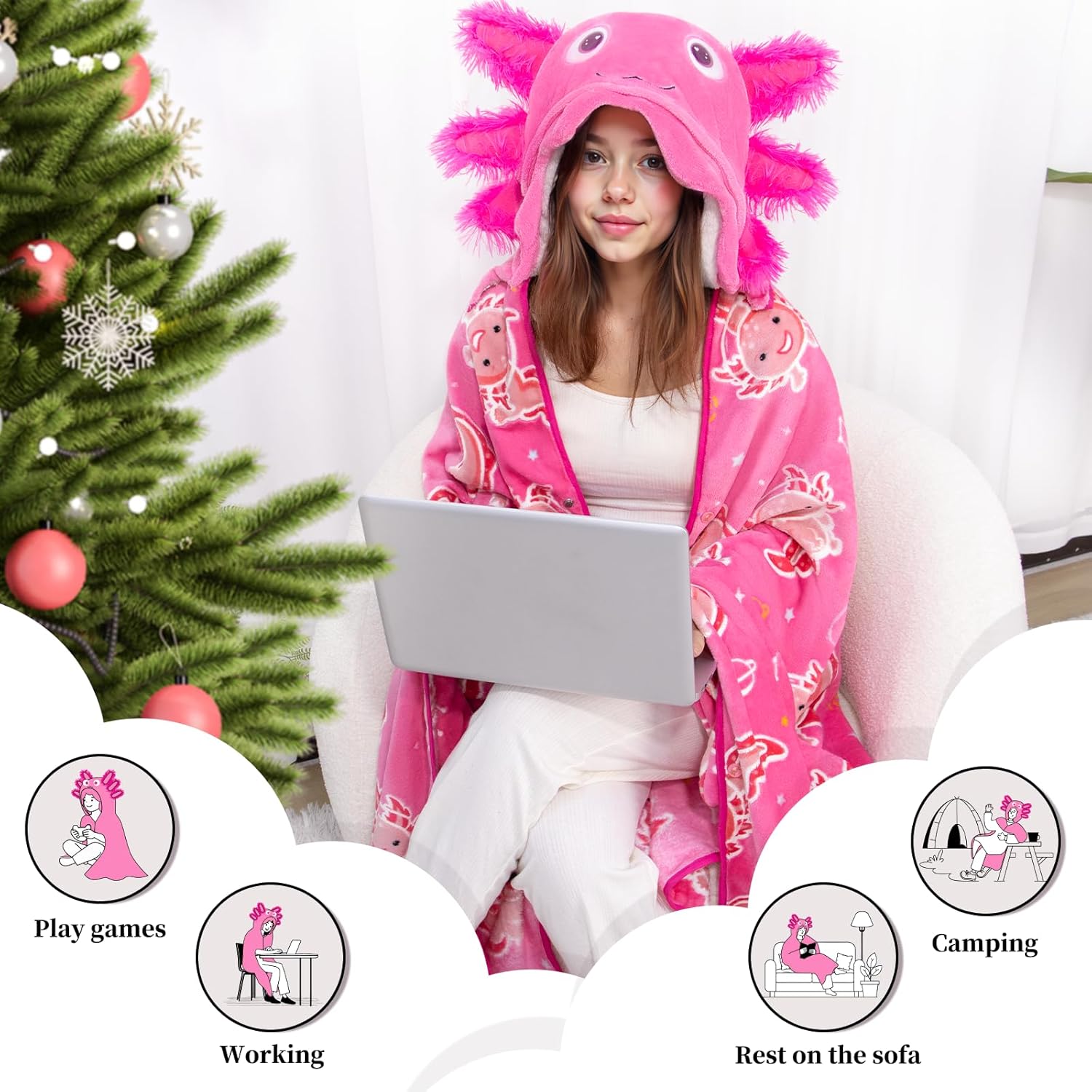 Axolotl Wearable Blanket Hoodie for Adults & Kids, Glow in the Dark Hooded Blanket, Soft Plush Flannel Oversized Pink Throw Wrap With Giant Hood, Axolotl Gifts for Women Girls Birthday Christmas - Image 5