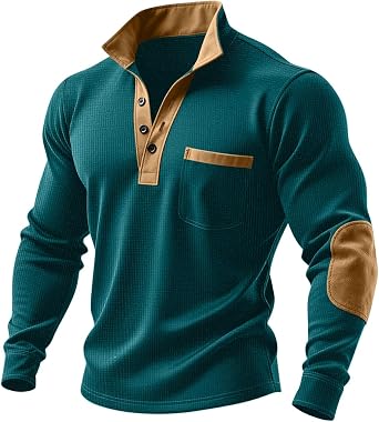 Quarter Button Pullover Men Waffle Long Sleeve Shirts Casual Stylish Collared Pocket Henley Tops with Elbow Patches