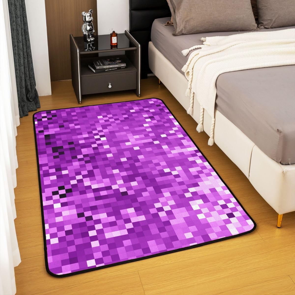 Manfei Pixelated Miners Game Kids Area Rug,Geometric Check Video Games Indoor Floor Mat Entrance Rug for Girls Boys,Gamepad Grid Modern Gaming Non Slip Rug,Purple Couch Living Room Decor,5'x6'6'' image 4