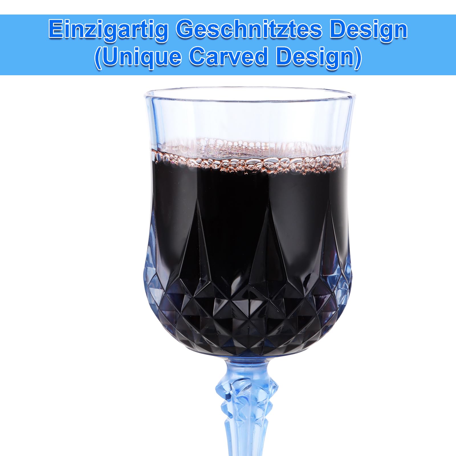 Lot de 12 verres à vin en plastique - 200 ml - Bleu - Verres à vin de camping avec pied - Réutilisables
