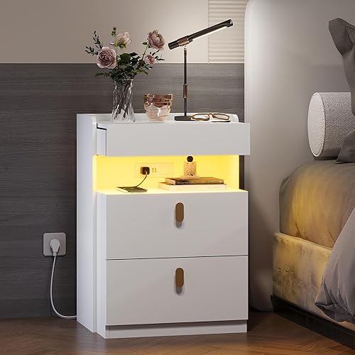 Miniatura 8 de WLIVE Mesita de noche LED con estación de carga, mesita de noche con parte superior deslizante y 2 cajones, mesas auxiliares modernas con espacio
