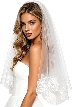 Lace Bridal Veil 2 Tiers Embroidered Floral Edge Wedding Veil | Black White Red Fingertip Waist Length Halloween Veils with Comb for Brides Women