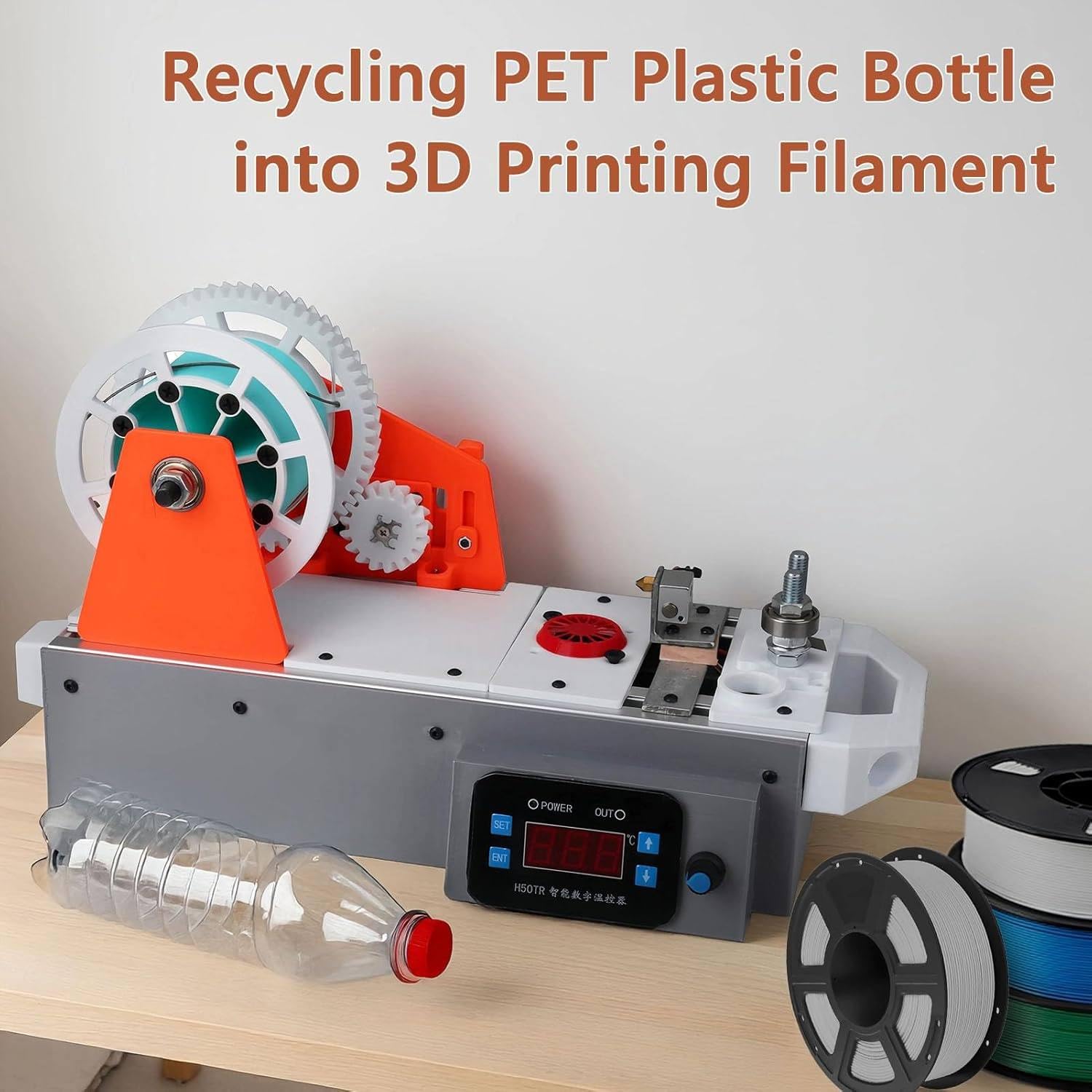 Extrusora de filamento 3D compacta para sobremesa, Convierte Botellas de plástico Pet en filamento Reciclado 1,75 mm,Control Digital de Temperatura,máquina de trefilado orangegray