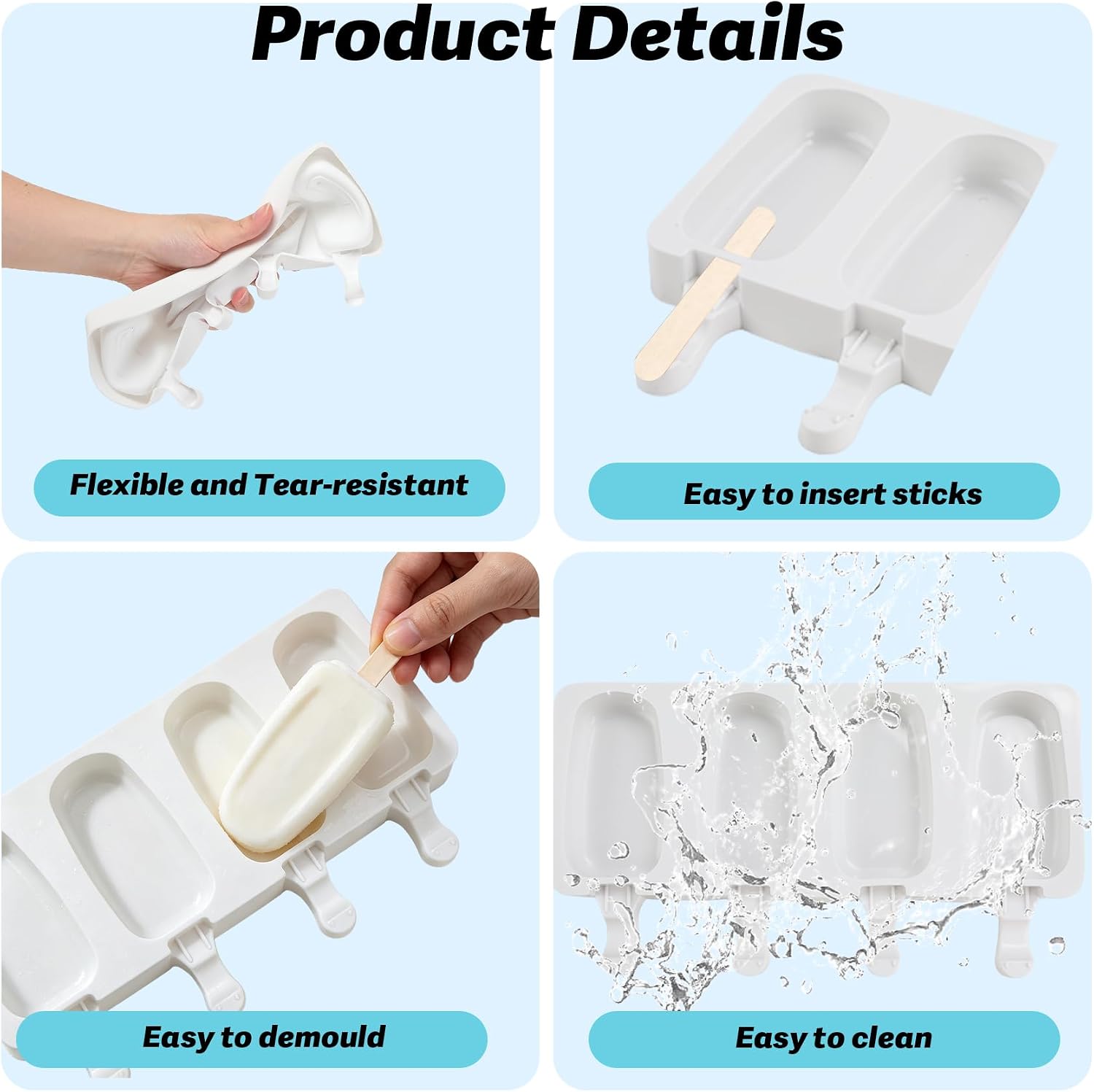 Silicone Popsicle Molds, 2 Pcs White Popsicles Molds, 4 Cavities Ice Cream Mold with 50 Wooden Sticks for Making Cakesicles Fudgesicle Candy DIY Cake Ice Pop Summer Party Supplies