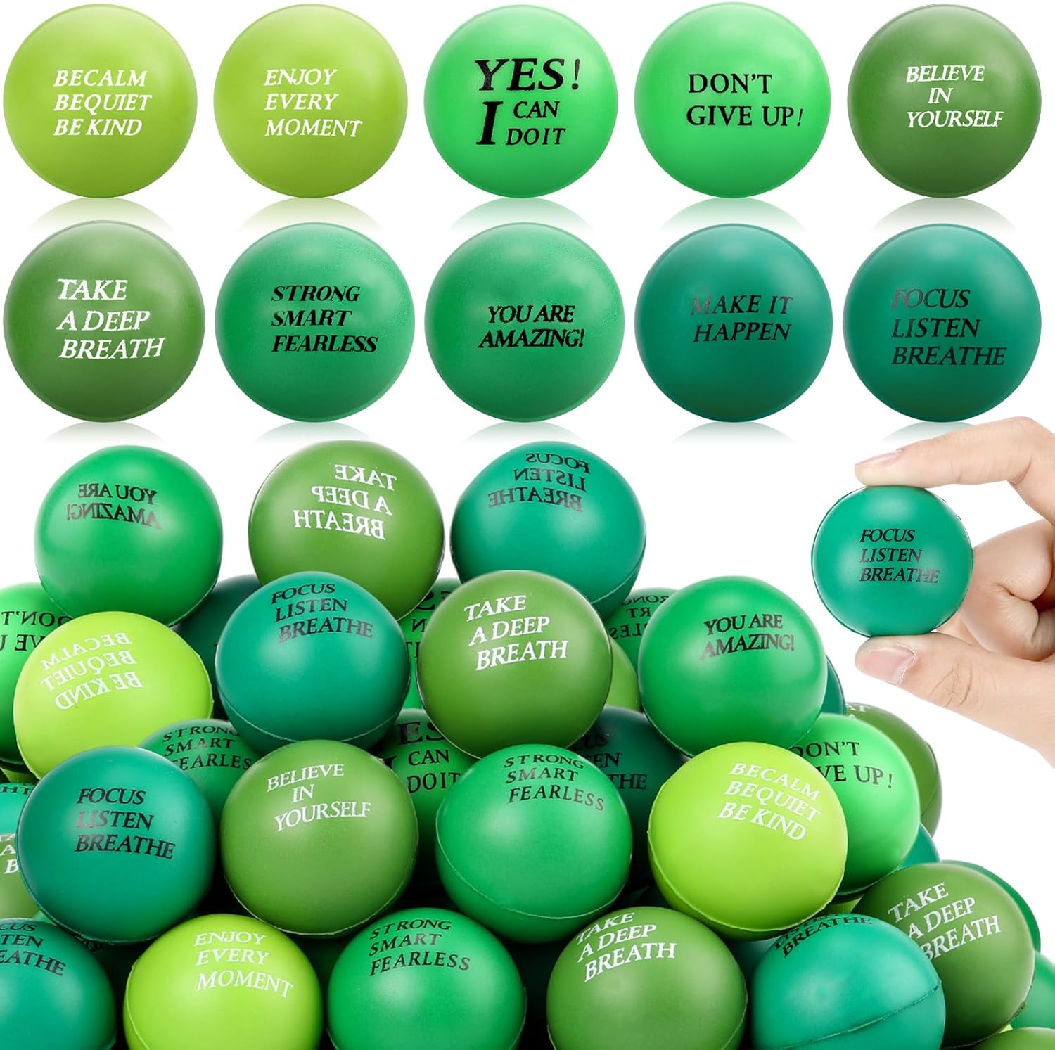 Sotiff 100 Pieces Motivational Stress Balls Bulk for Adults Colorful Foam Inspirational Relief Quotes Stress Squeeze Balls Pack Employee Appreciation Gift for Relief Encouraging(One Size,Green Colors)