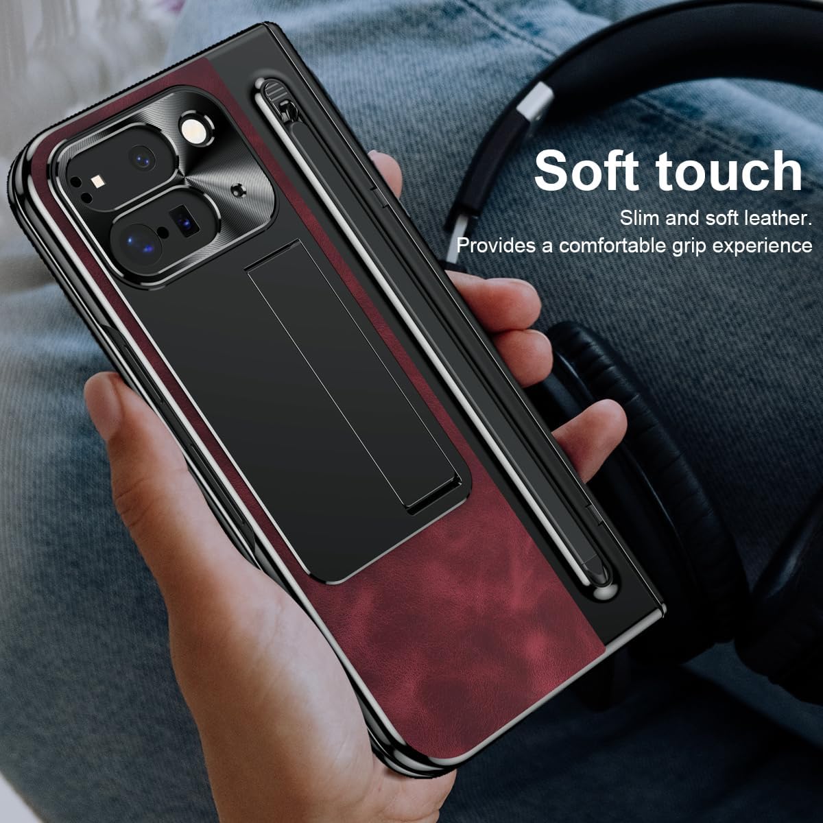 for Google Pixel 9 Pro Fold Case with Slim Pen Holder & Capacitance Stylus Pen, Kickstand Premium Jazz Retro Leather Soft Touch Shockproof Hard Full-Body Screen Hinge Protection -Red