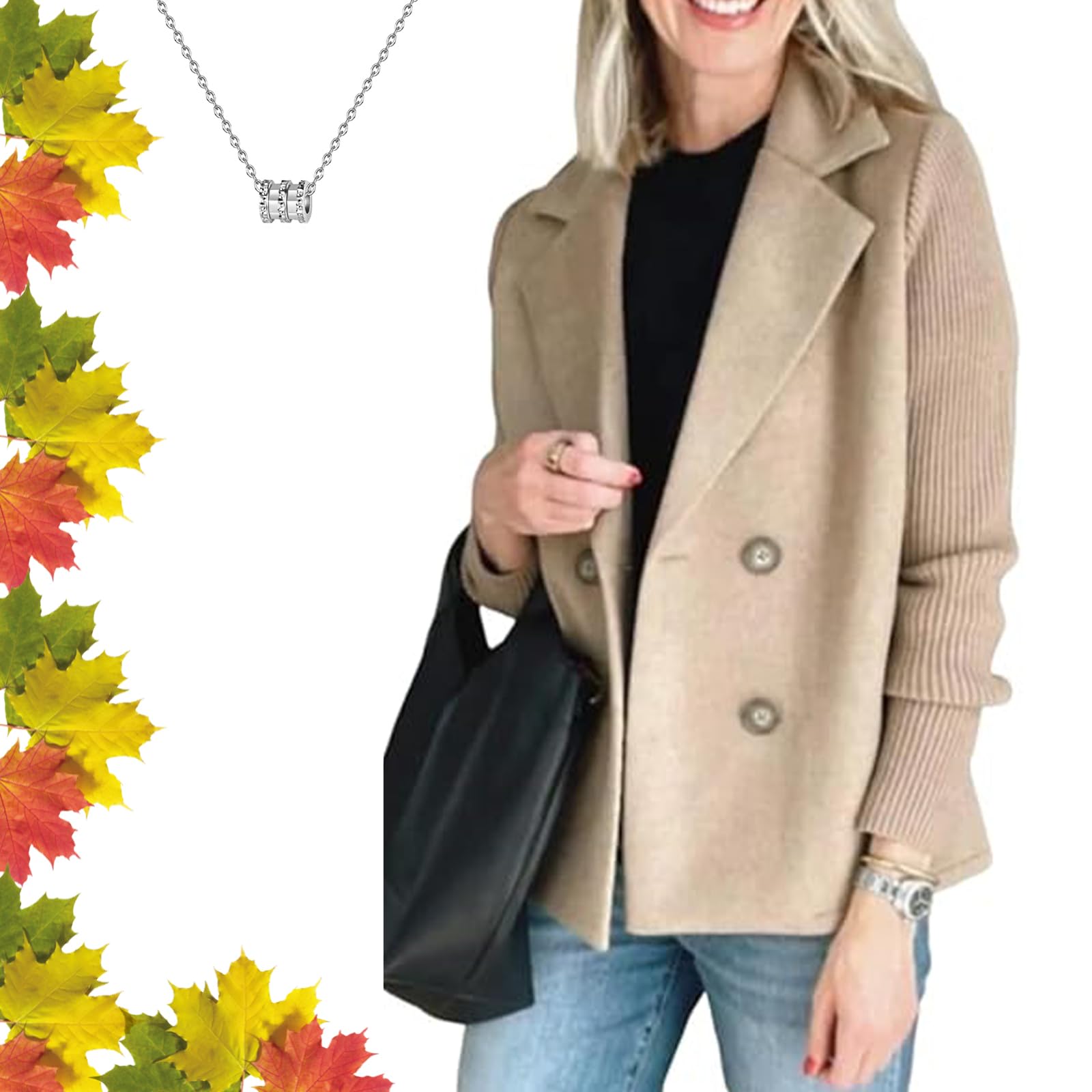 Womens Lapel Button Knitted Patchwork Sleeve Casual Coat Cropped Splicing Jacket Long Sleeve Outwear Blazer Sweater