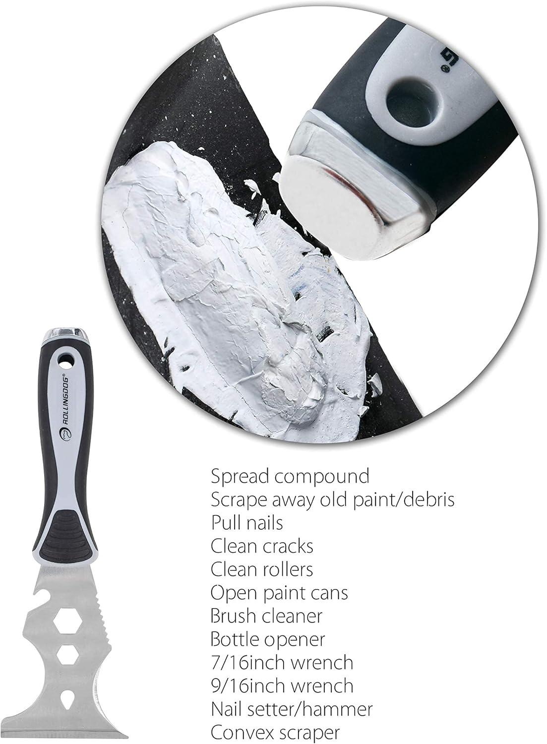 ROLLINGDOG 12 in 1 Painters Tools - 3 Inch Stanless Steel Paint Scraper Putty Knife Hammer Head Soft Grip Handle Paint Remover
