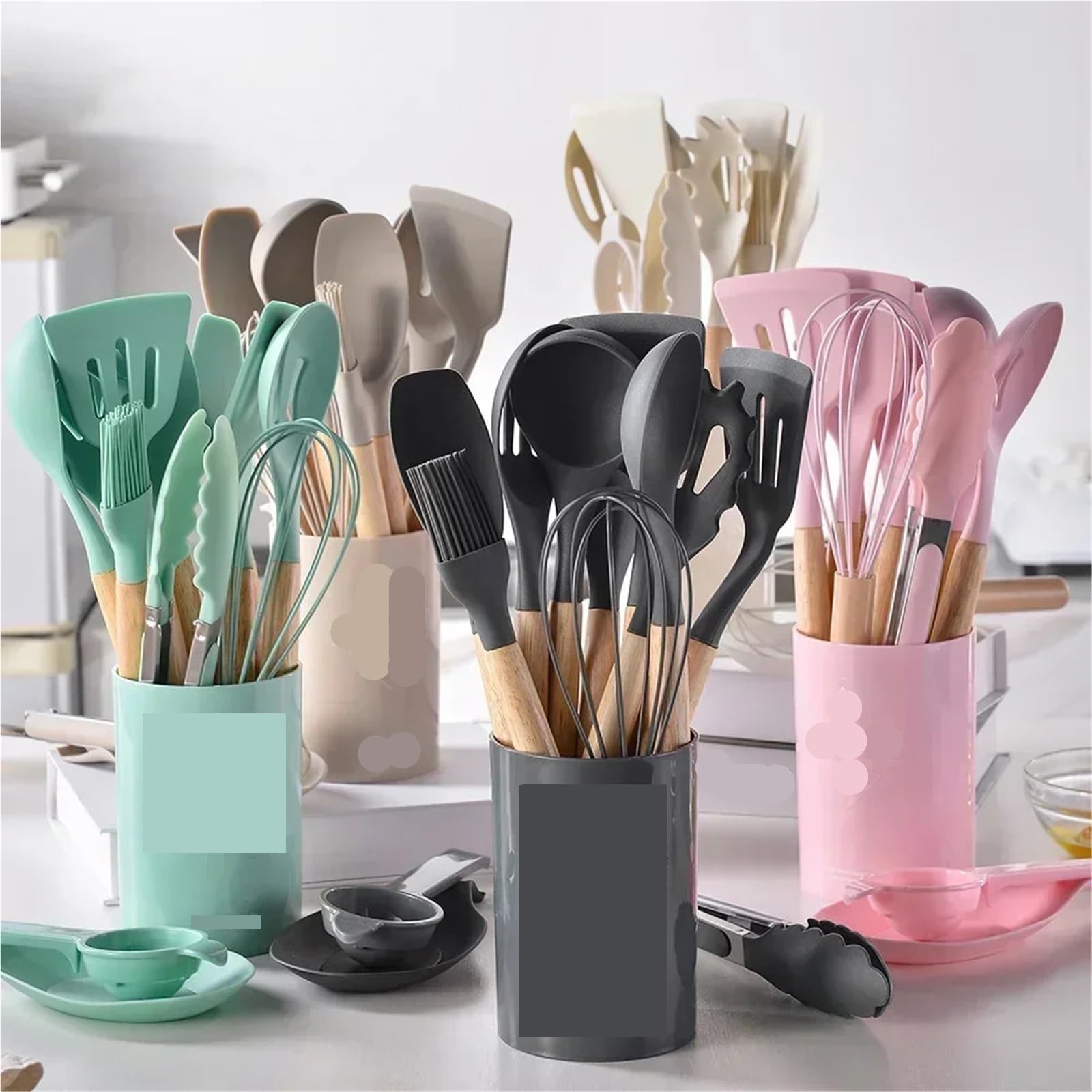 Ustensiles de Cuisine en Silicone, 12 pièces, Manche Bois, Pot antiadhésif, Ensemble d'ustensiles, Seau Rangement, ustensiles pour Cuisine(White)