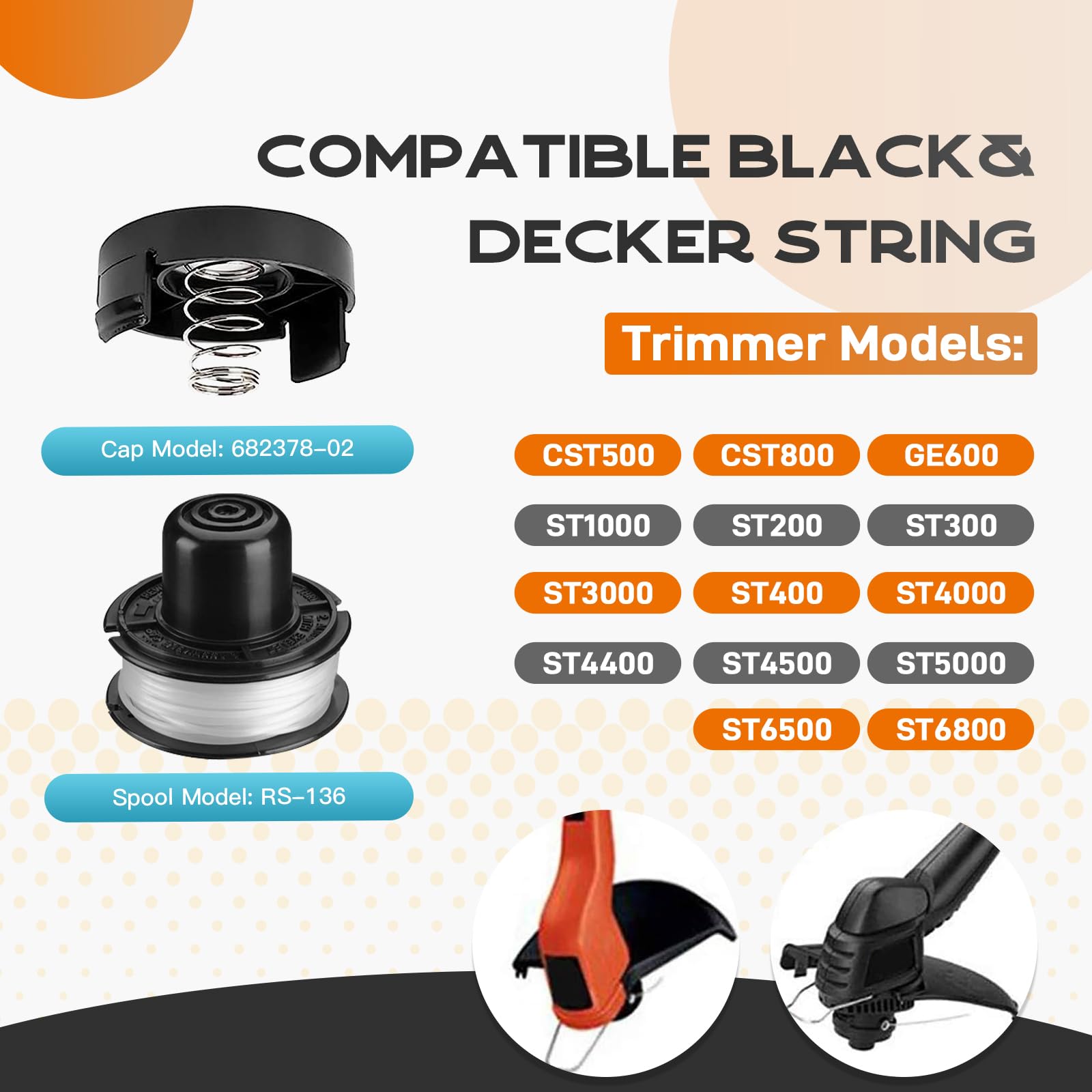 Lot de 8 bobines de fil de rechange RS-136 RS136 RS136 compatibles avec Black + Decker Weed Eater Bump CST800 GE600 ST1000 ST4000 ST4500 ST6800 - 6 bobines, 1 capuchon, 1 ressort)