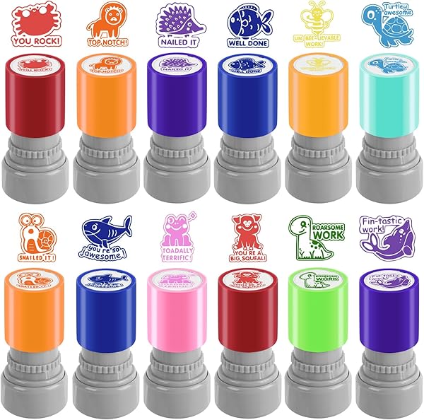 LOTMER 12 Pcs Teacher Stamps for Classroom, Self-Inking Rubber Colorful Stamps Classroom Rubber Stamp for Grading Homework Test Motivation Students Supplies