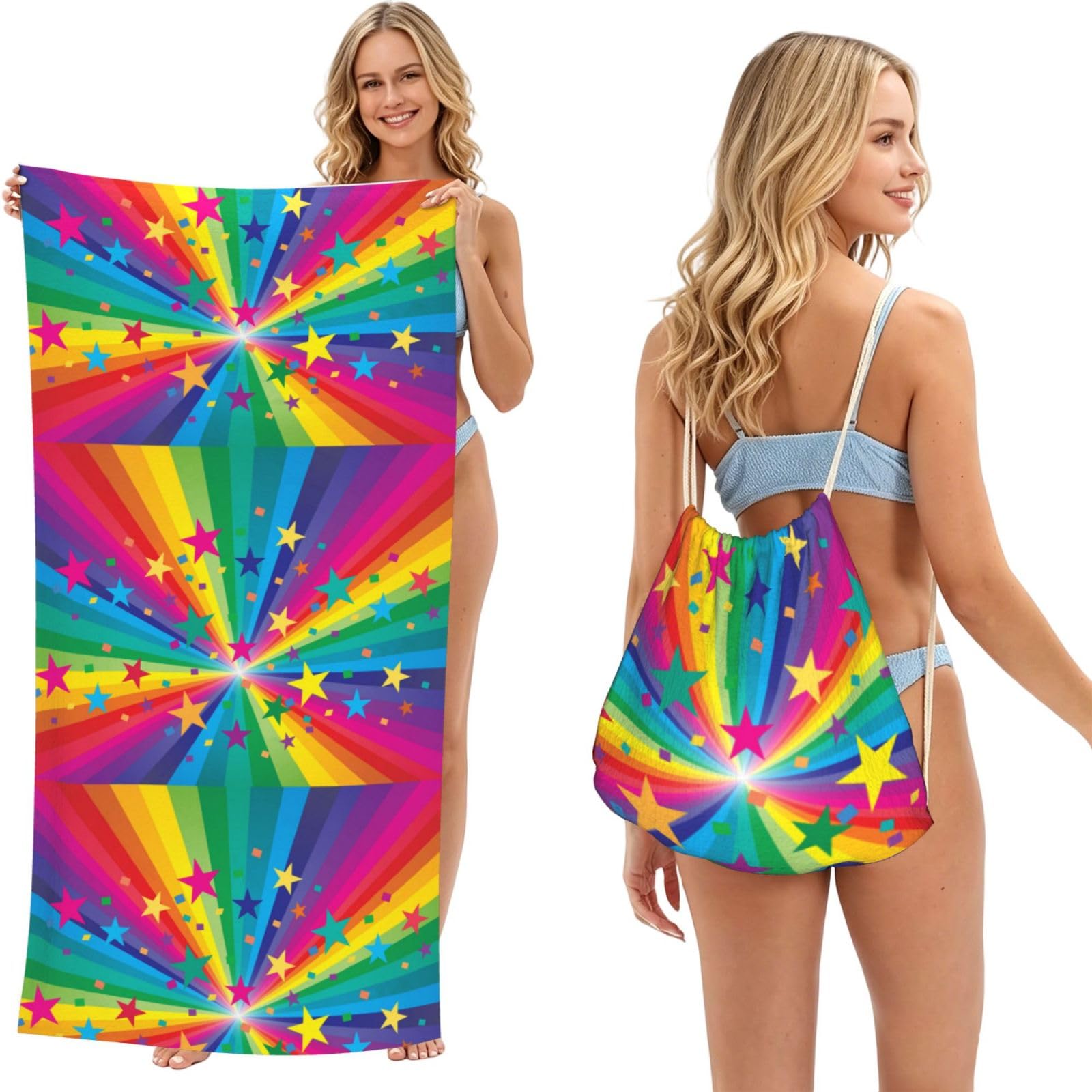 Poadnly As Picture Rainbow And Stars Confetti Rays, 2 In 1 Packable Towel Bag, Beach Towels With Drawstring Backpack For Travel Holiday Camping