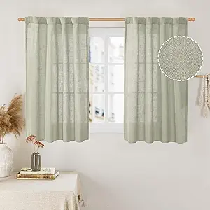 LAMIT 40 Inch Length Linen Curtains for Small Windows, Semi Sheer Light Filtering Panels Back Tab and Rod Pocket Neutral Drapes for Basement/Window/Loft Room, Sage Grey, 2 Panels, 34 x 40 Inch