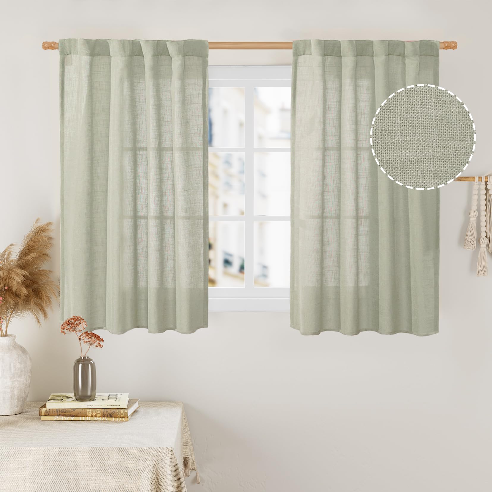 LAMIT 40 Inch Length Linen Curtains for Small Windows, Semi Sheer Light Filtering Panels Back Tab and Rod Pocket Neutral Drapes for Basement/Window/Loft Room, Sage Grey, 2 Panels, 34 x 40 Inch โ image 1