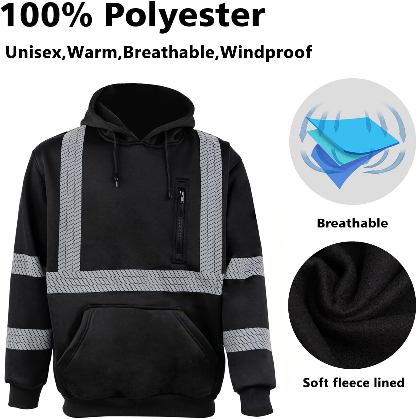 VENDACE Hi Vis Safety Reflective Sweatshirt Hoodies for Men ANSI Class 3 High Visibility Fleece Pullover Hoodie Jacket (Black,S) - Image 5