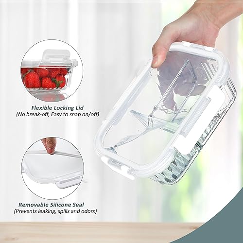 Miniatura 3 de KOMUEE Recipientes de vidrio para preparación de comidas, 3 compartimentos con tapas, paquete de 5 unidades de 36 onzas, herméticos para