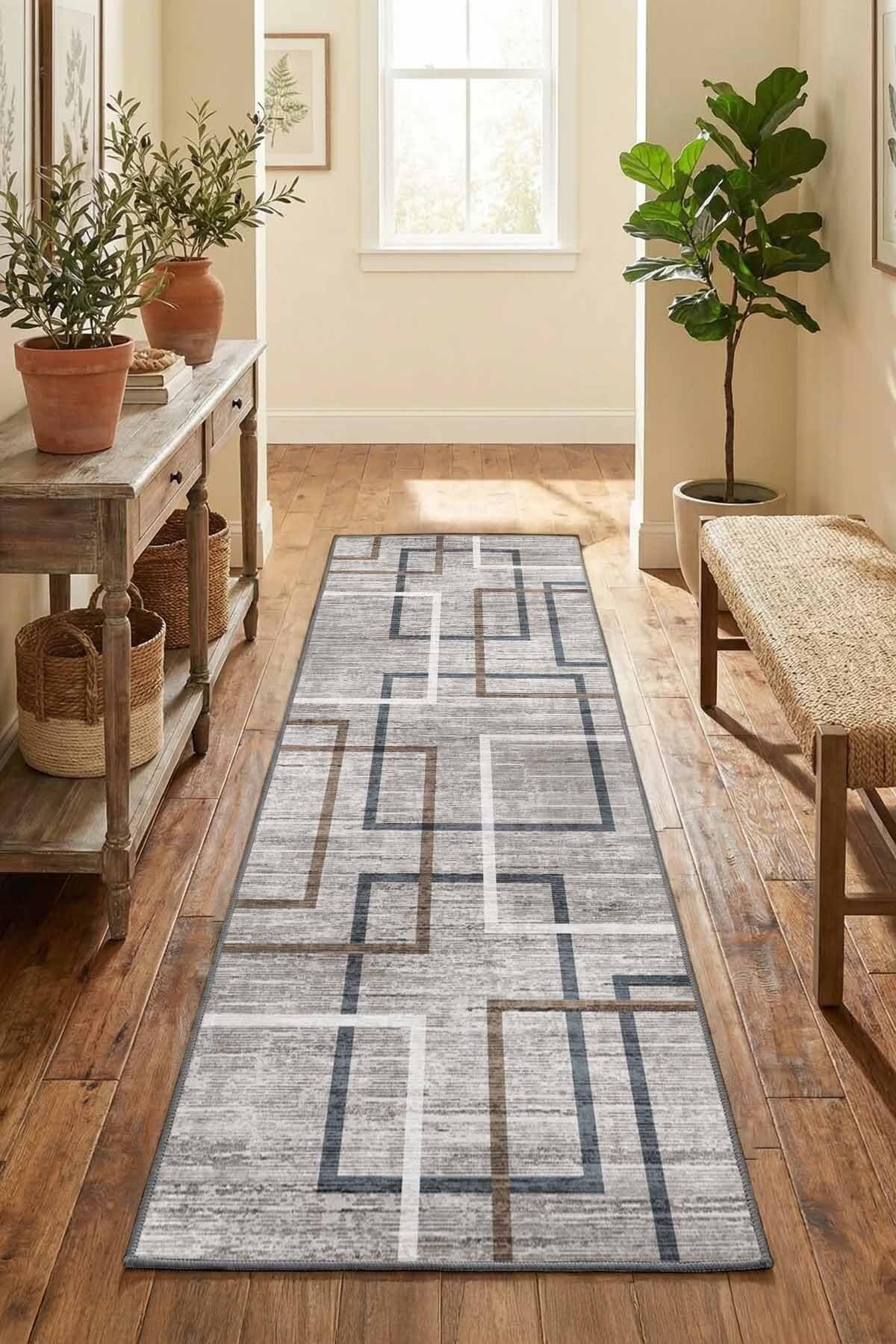Monnhein Açık Gri Yolluk 1208-2 - Yıkanabilir, Kaymaz Taban, Dijital Baskılı, Leke Tutmaz, İnce Hav, Modern Koridor, Mutfak, Antre ve Salon için Dekoratif Yolluk