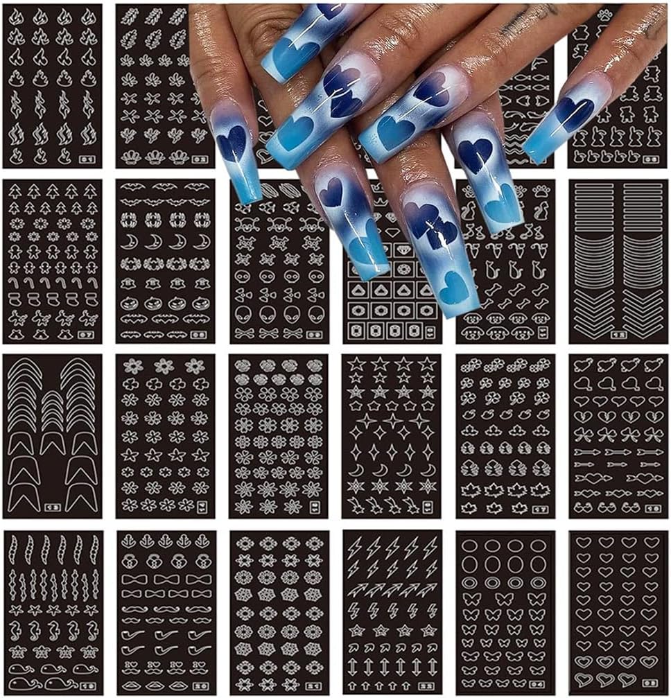Airbrush Stencils Nail Stickers for Nails, 24 Sheets Heart Butterfly Flower Moon Stars Hollow French Art Sticker Decals Printing Templates Stencil Tool Manicure Tips DIY Decorations (24)