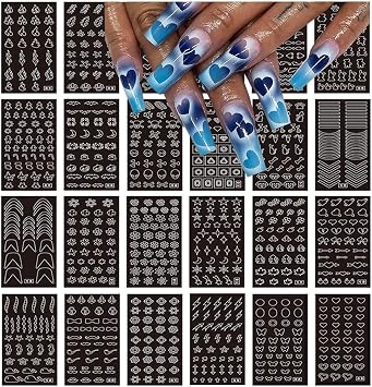 Airbrush Stencils Nail Stickers for Nails, 24 Sheets Heart Butterfly Flower Moon Stars Hollow French Art Sticker Decals Printing Templates Stencil Tool Manicure Tips DIY Decorations 24