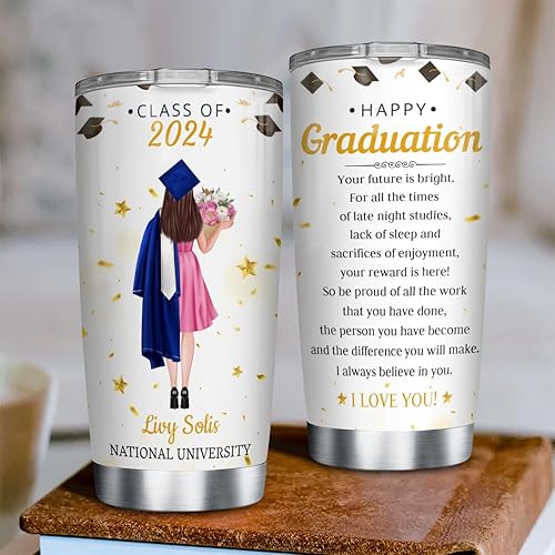Miniatura 4 de wowcugi Vaso de graduación personalizado de la clase de 2024 con tapa, tazas de viaje de 20 onzas, 30 onzas, regalos de feliz graduación para ella,