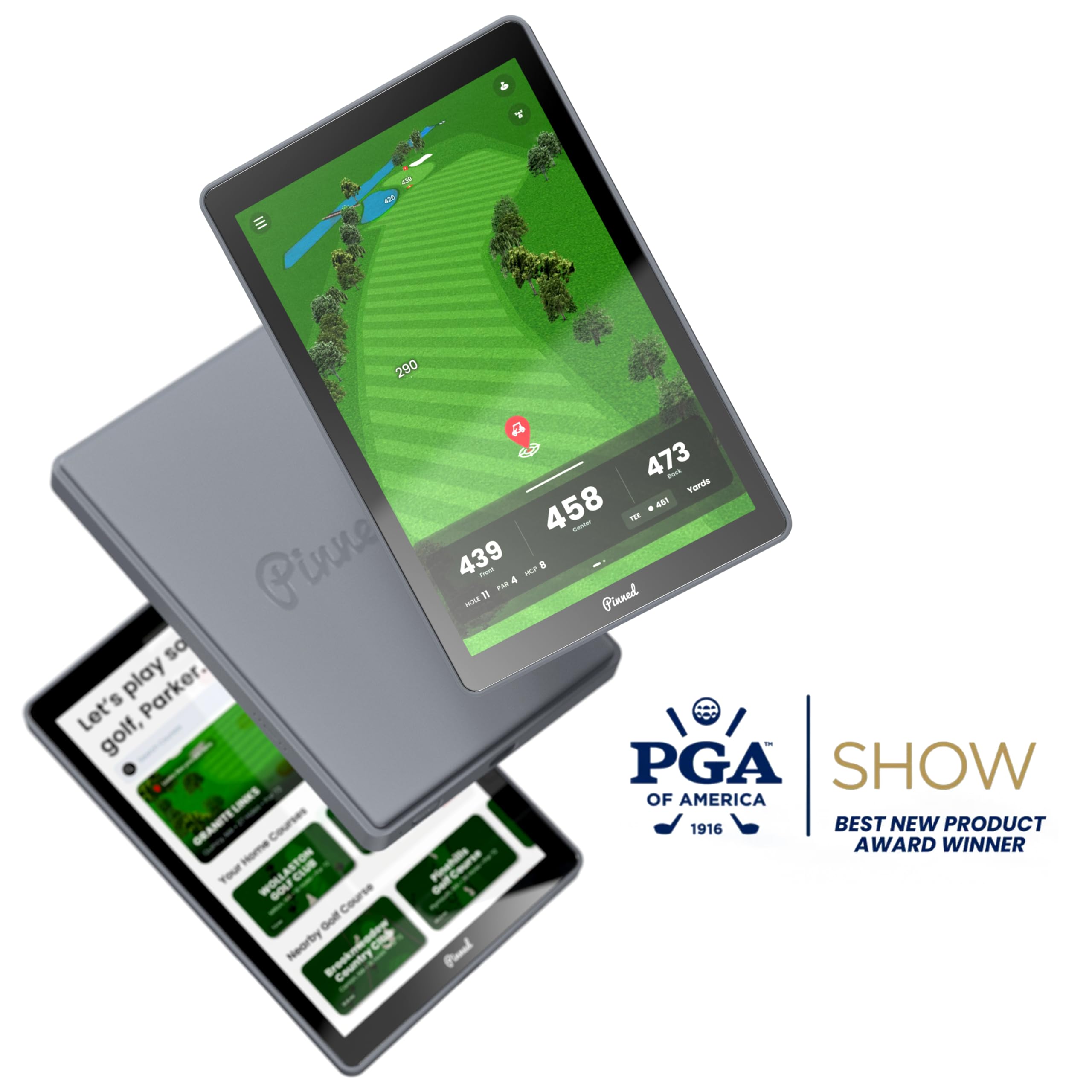 Pinned Golf The Caddie Tragbares Golf-GPS-Gerät, Sonnenlicht-lesbarer 8-Zoll-Bildschirm, 45.000+ Golfplätze, wasserdicht, Touchscreen-Golf-GPS-Handgerät mit fortschrittlicher Analyse, Keine Gebühren