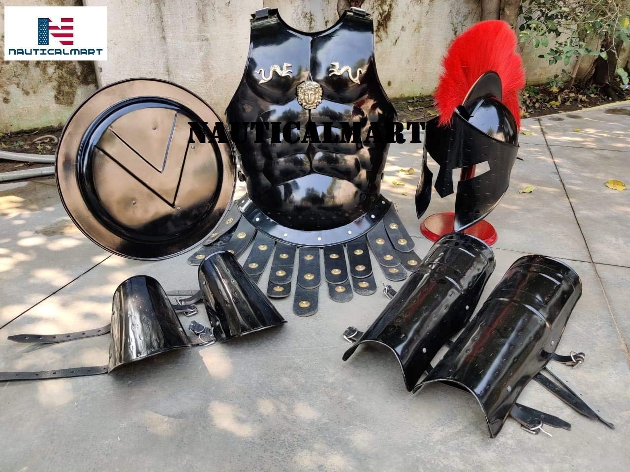 Medieval Roman King Leonidas 300 Spartan Helmet W/Red Plume + Muscle Armor + Shield + Leg Or Arm Guard by NauticalMart