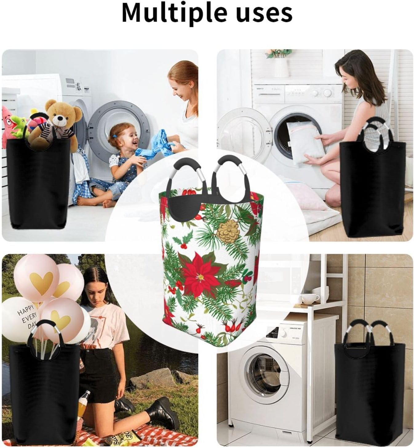 Christmas Berries Laundry Basket Organizer Collapsible Tall Laundry Hamper Nursery Storage Basket Bins with Handles for Toys Organizer Clothes Bathroom Travel