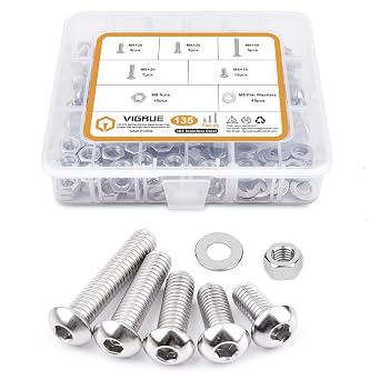 M8-1.25 x 16/20/25/30/40mm Button Head Socket Cap Screws VIGRUE 135PCS M8 Allen Hex Drive Screws Nuts Washers Assortment Kit 18-8 Stainless Steel 304, Bright Finish, Fully Threaded