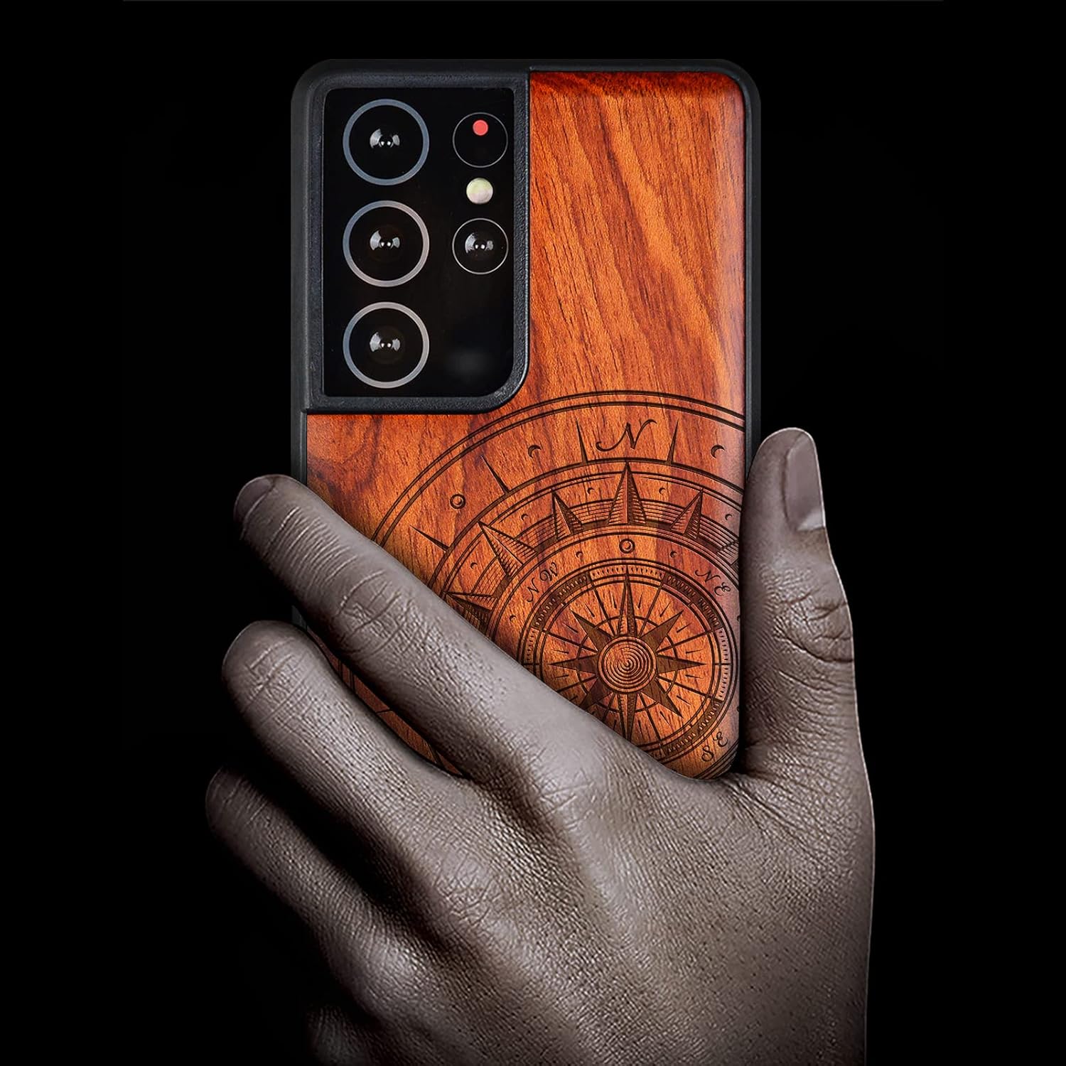 Carveit Wood Case for Galaxy S21 Ultra Case [Natural Wood & Soft TPU] Shockproof Hybrid Protective Unique Wooden Cover Compatible with Samsung S21 Ultra 5G (Compass & Waves-Rosy)