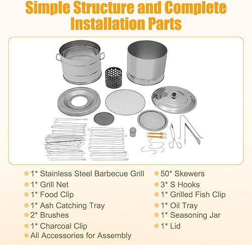 Miniatura 6 de Parrillas de carbón portátiles grandes verticales de carbón con 50 pinchos, parrilla de barbacoa de carbón inoxidable, barril de barbacoa de 360° al