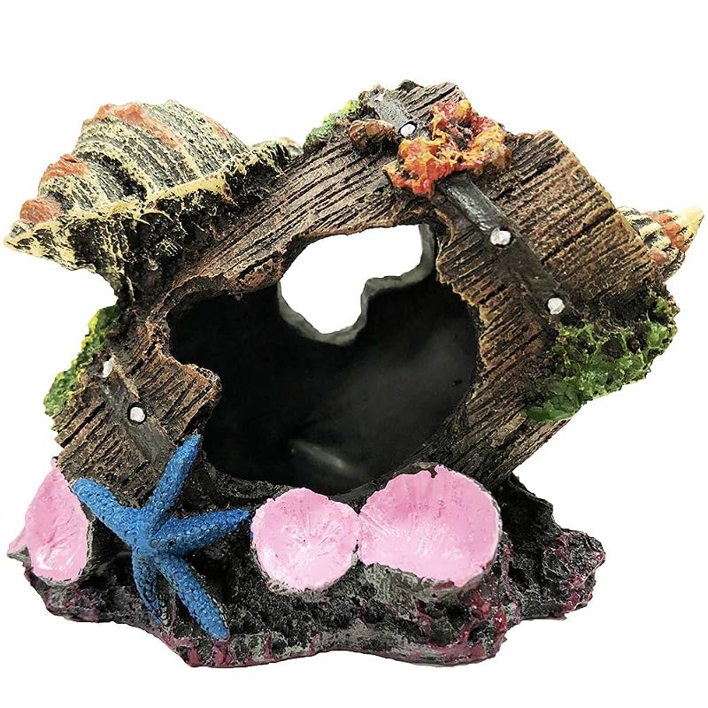 Enfeite para Aquário com Barril Quebrado e Concha SLOCME, Esconderijo em Poliresina, 12,7 x 7,87 x 9,91 cm