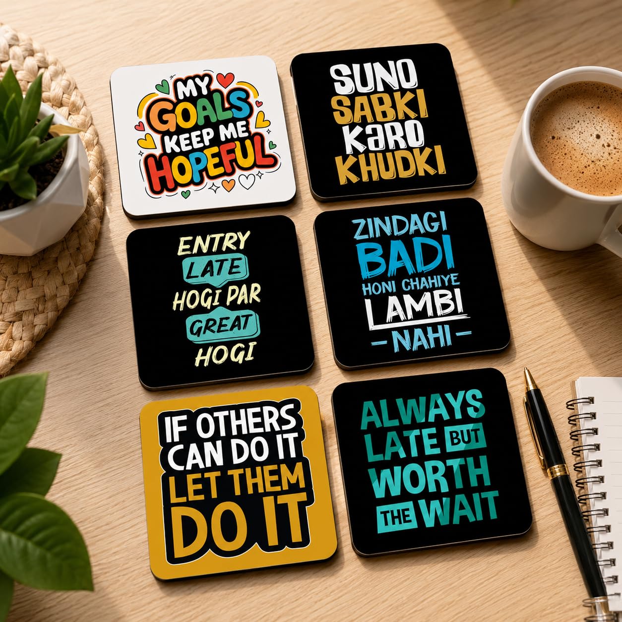 Motivational Quote Coasters – Set of 6 | Funny & Inspirational Table Coasters for Home, Office, Coffee & Dining Tables | Unique Gift for Friends & Family-image-35