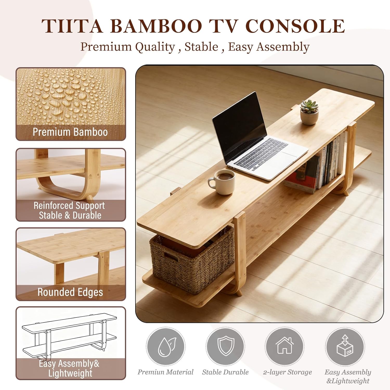 Tiita Bamboo TV Stand for 55 Inch TV, Entertainment Center with 2 Open Shelf, Mid Century Modern Media Console for Living Room, Bedroom, Wood