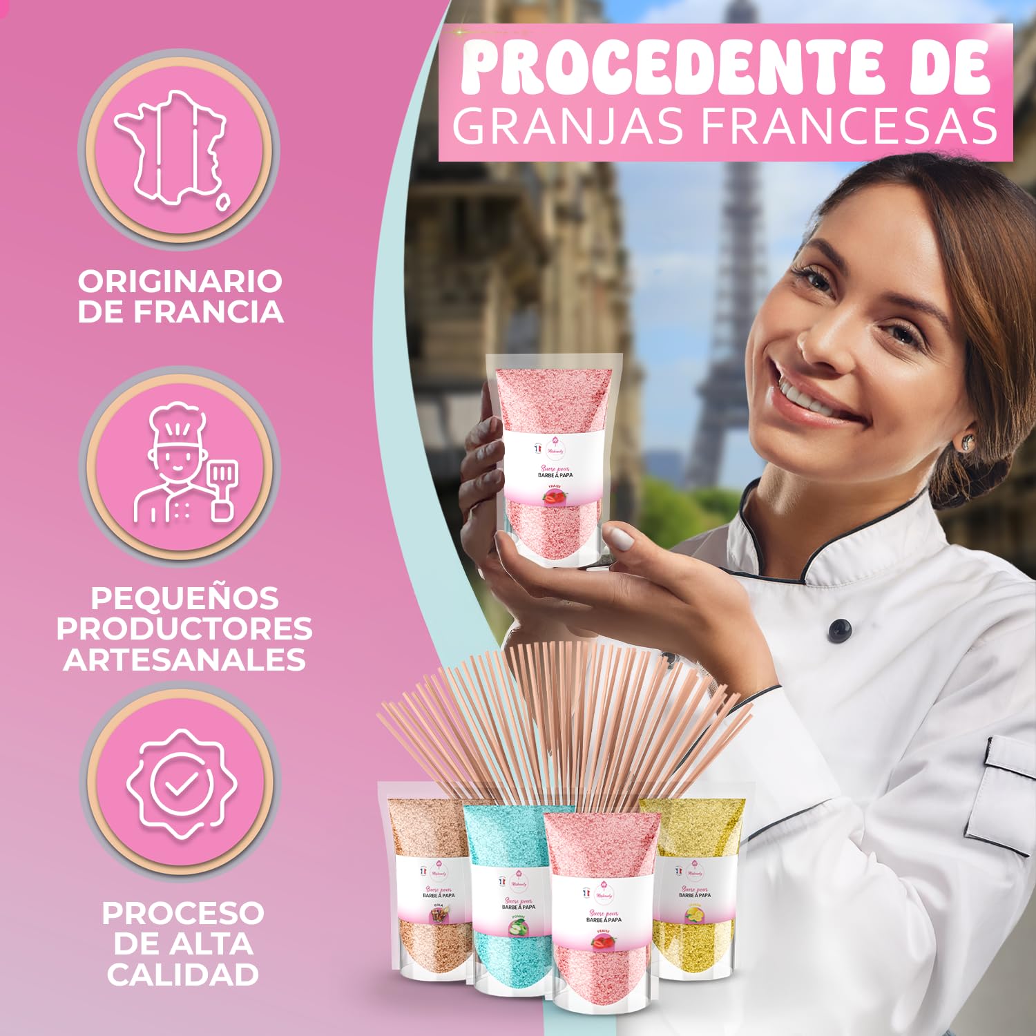 Misskandy® algodón de azúcar para máquina- Pack de 4 * 160Gr - (Sabores Naturales): Sabores: Fresa/Manzana/Cola/Limón + 50 palitos (gratis)
