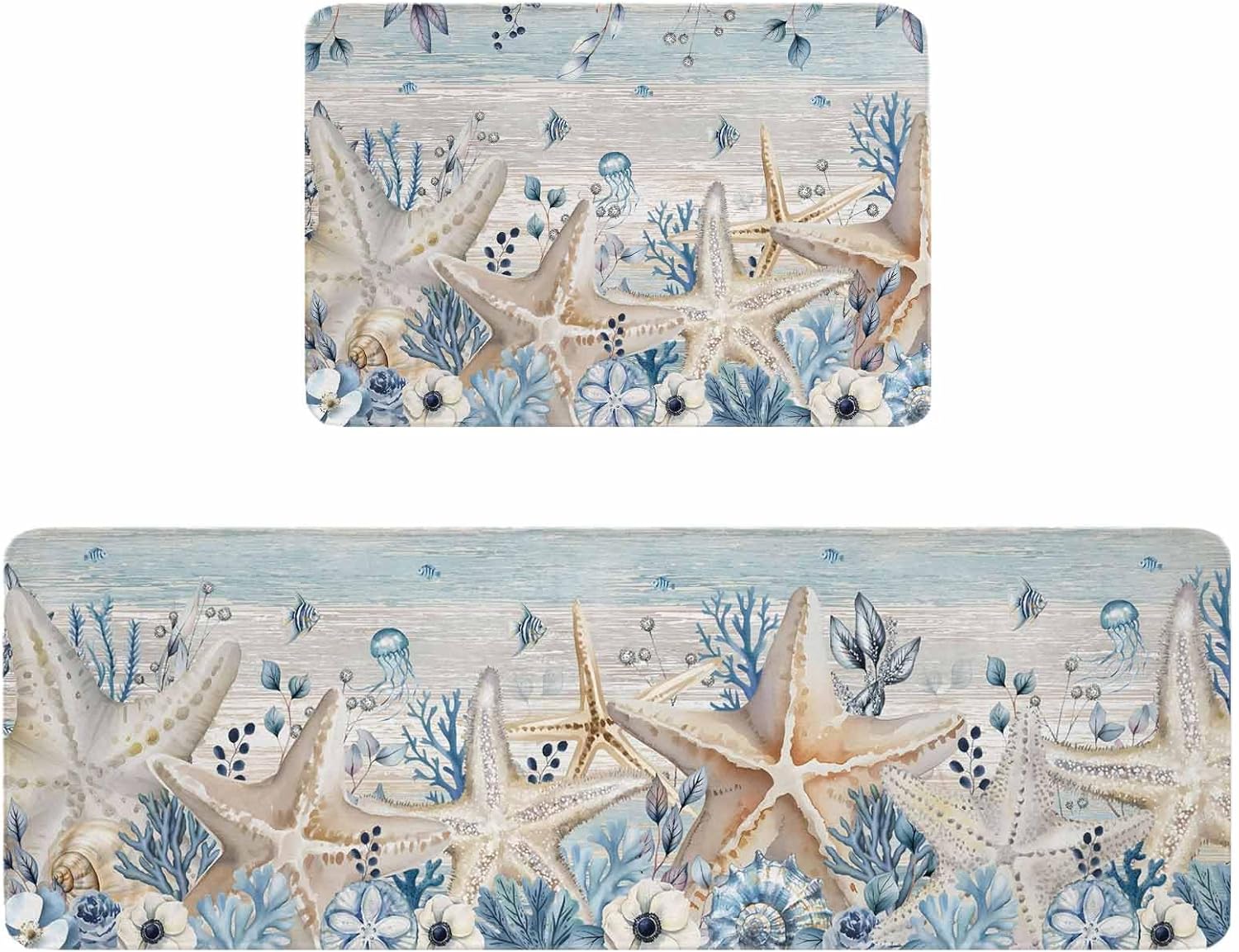 Blue Beige Coastal Kitchen Rugs and Mats Set of 2, Non-Slip Kitchen Sink Mat, Beach Starfish Summer Eucalyptus Vintage Doormat Bathroom Rugs Runner for Bedroom 19.7"x31.5"+19.7"x63"