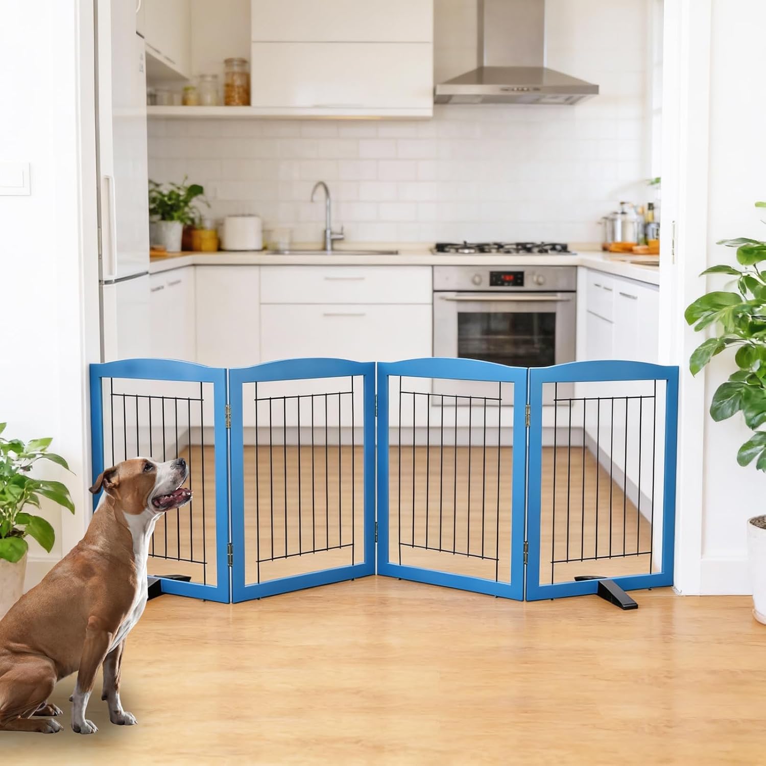 ZJSF Freestanding Dog Fence Indoor, Foldable Dog Gate for Doorways, Stairs or Hallways, Sturdy Wood Extra Wide Pet Gate with Support Feet for The House, Blue, 24 "Height-4 Panels