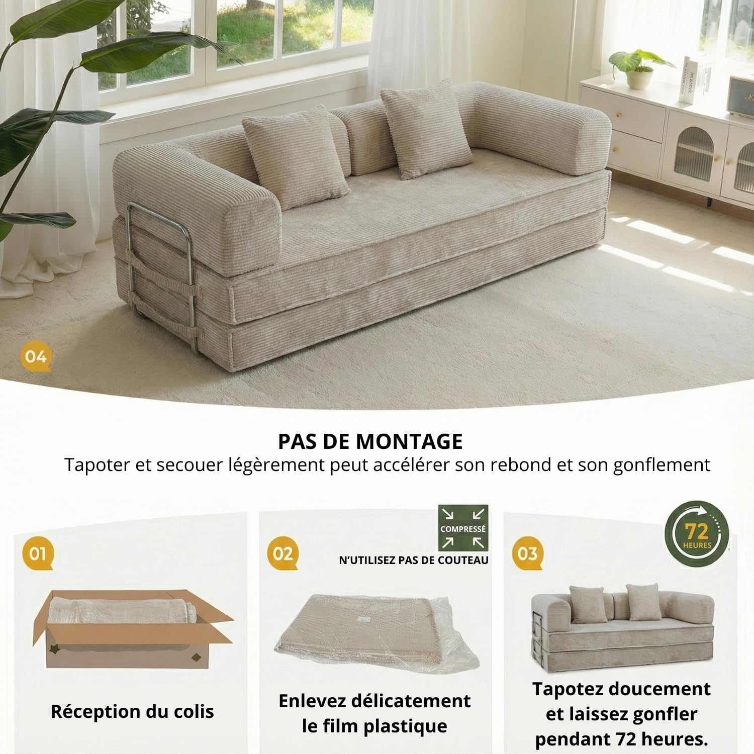 GEDTECH ARMANA 3 Places Convertible Lila en Velours côtelé Beige, modulable, Confortable, Structure en métal - Convertible, Multifonctionnel, livré compressé, Moderne et Personnalisable