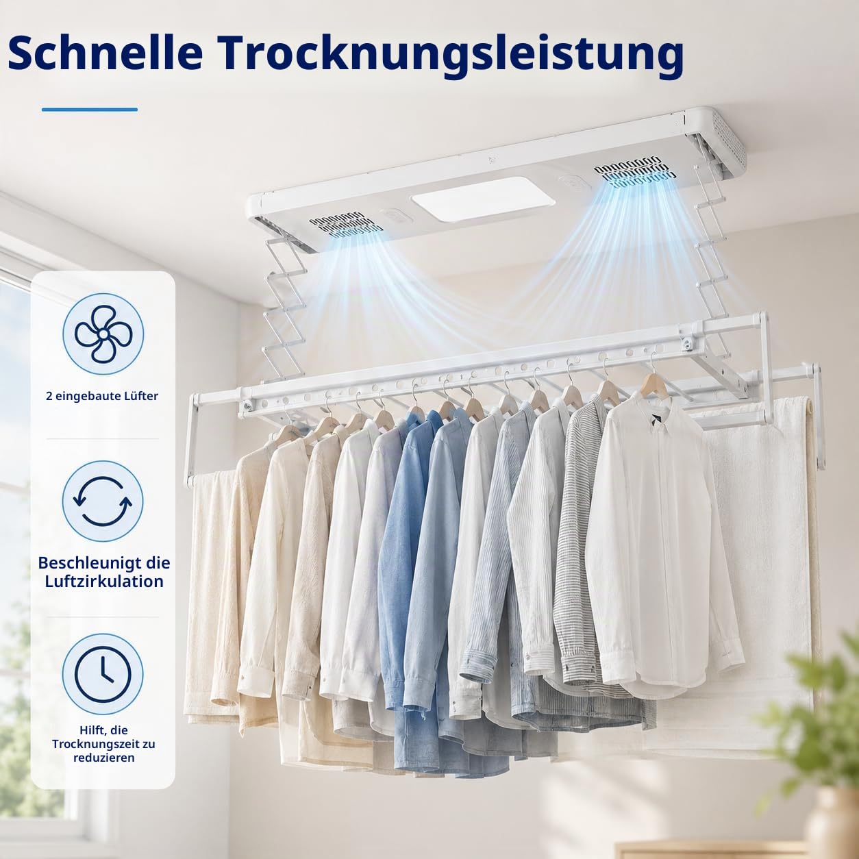 Elektrischer Wäscheständer Deckenmontage Mit Fernbedienung und LED-Licht,Verstellbare Länge und Höhe Wand und Decken Wäscheständer,Für Familien, Balkone, Wohnungen (Weiß)