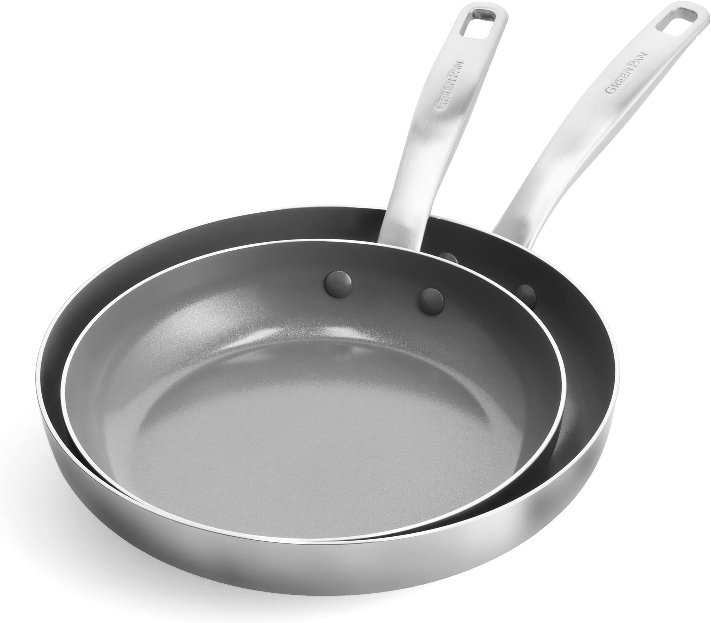 GreenPan Chatham Tri-Ply Stainless Steel Healthy Ceramic Nonstick 8" and 10" Frying Pan Skillet 2-Piece Set, PFAS-Free, Multi Clad, Induction, Dishwasher Safe, Oven Safe, Silver