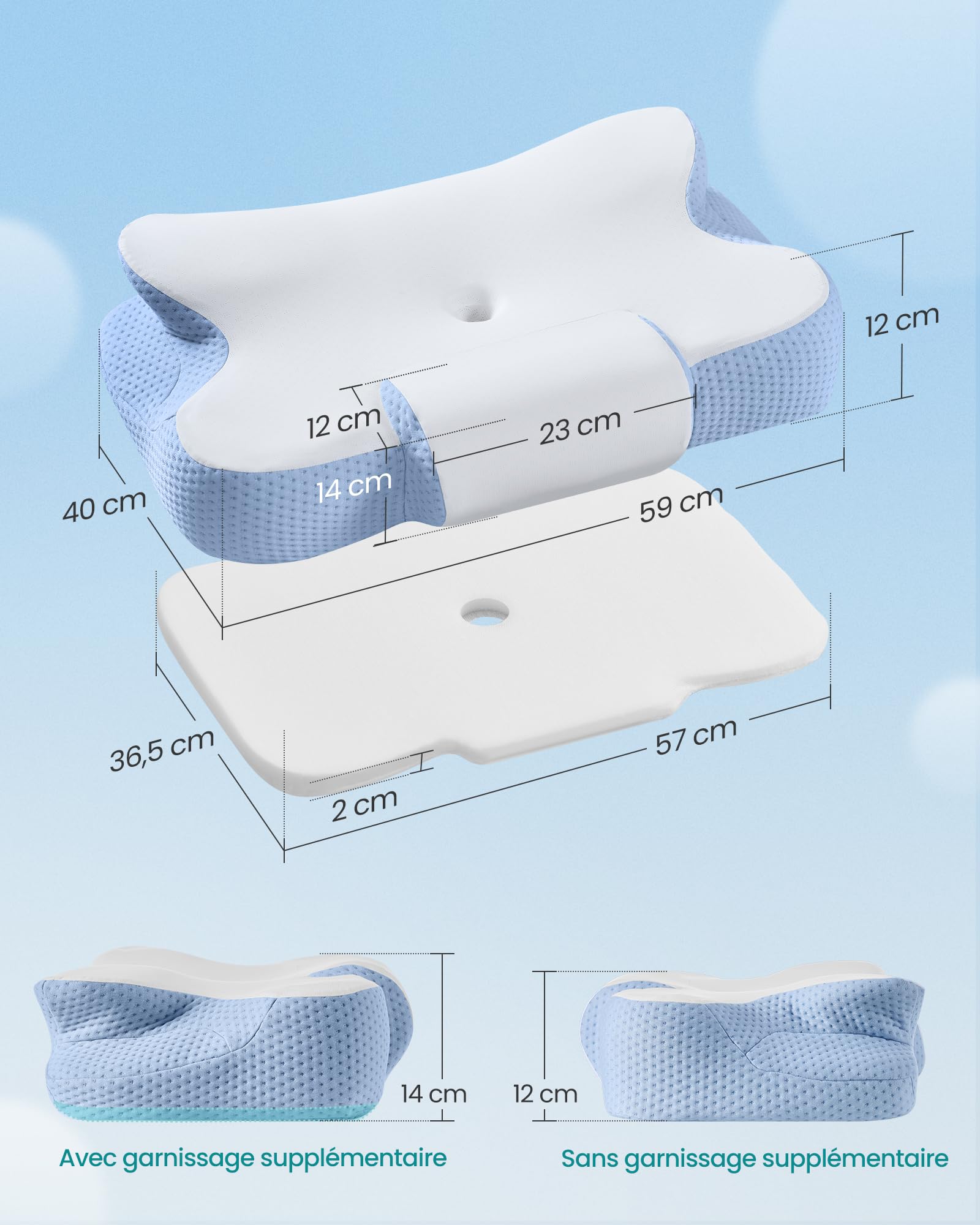 SONGMICS Oreiller Ergonomique, Hauteur Ajustable, Coussin en Mousse à Mémoire de Forme, pour Dormeurs sur Le Côté, Le Dos et Le Ventre, Toucher Frais, Blanc Nuage et Bleu TBP051Q101