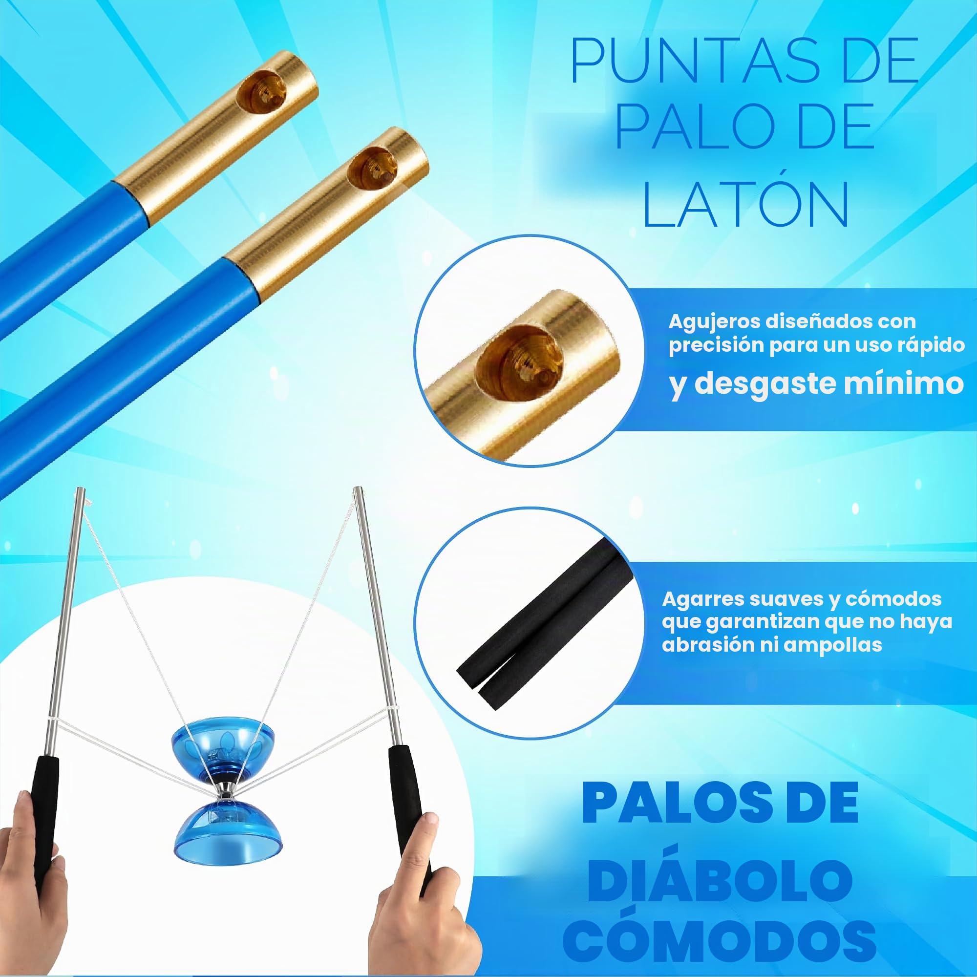Juego de Malabares LED Diabolo - 4,5 mm Rodamiento Triple Diábolo para Principiantes y Profesionales | Juegos de Circo para Niños y Adultos | con Cordón Ajustable, Bolsa de Malla y 2 Bastones Cómodos