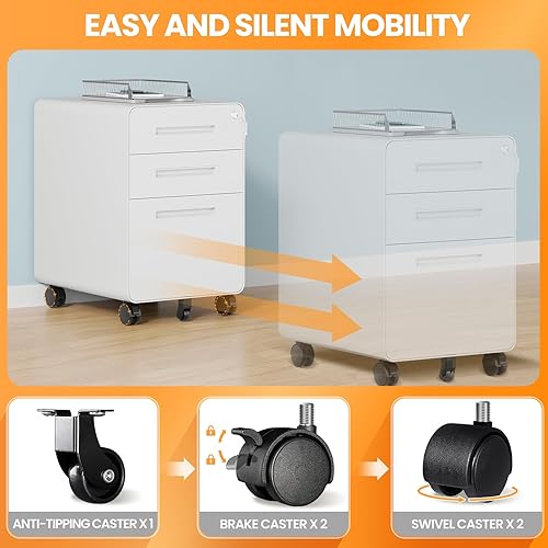 Miniatura 5 de AFAIF Archivador de 3 cajones archivadores de metal para oficina en casa pequeño archivador rodante debajo del escritorio cajón de oficina gabinete