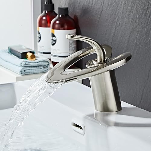 Miniatura 6 de Wovier Grifo de lavabo de baño de cascada de níquel cepillado, grifo de lavabo de latón de un solo agujero, grifos mezcladores de lavabo con