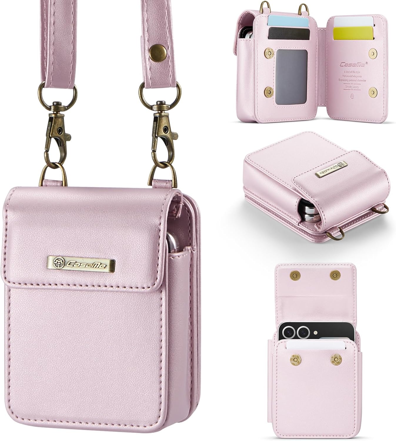 for Galaxy Z Flip 7 7 FE 6 5 4 3 Phone Case Wallet Crossbody, RFID Blocking Card Holder Magnetic Snap PU Leather Mini Bag Wallet Phone Case for Motorola Razr 2023/razr+/razr 2024/Razr Plus 2024 Pink