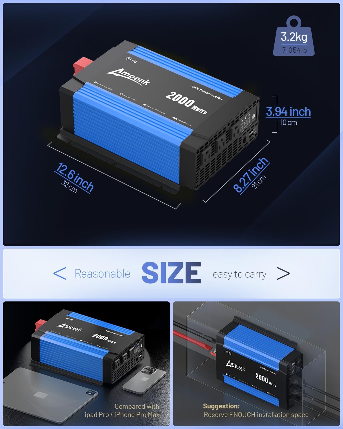Ampeak 2000W Inverter, Car Power Inverter 12V to 120V, 89.37% High Efficiency Modified Sine Wave Inverter, 3 AC Outlets Dual USB 5V 3.1A, Surge 4000W Remote Controller for Vehicles, Truck, RV, Home